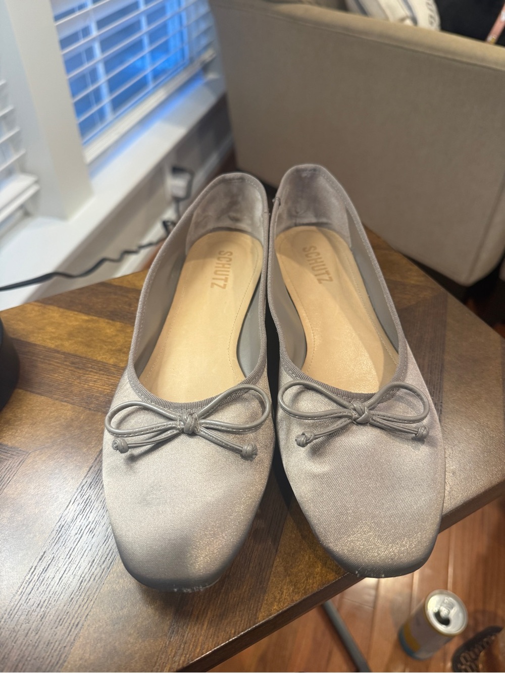SCHUTZ Silver Gray Satin Ballet Flats with Bow